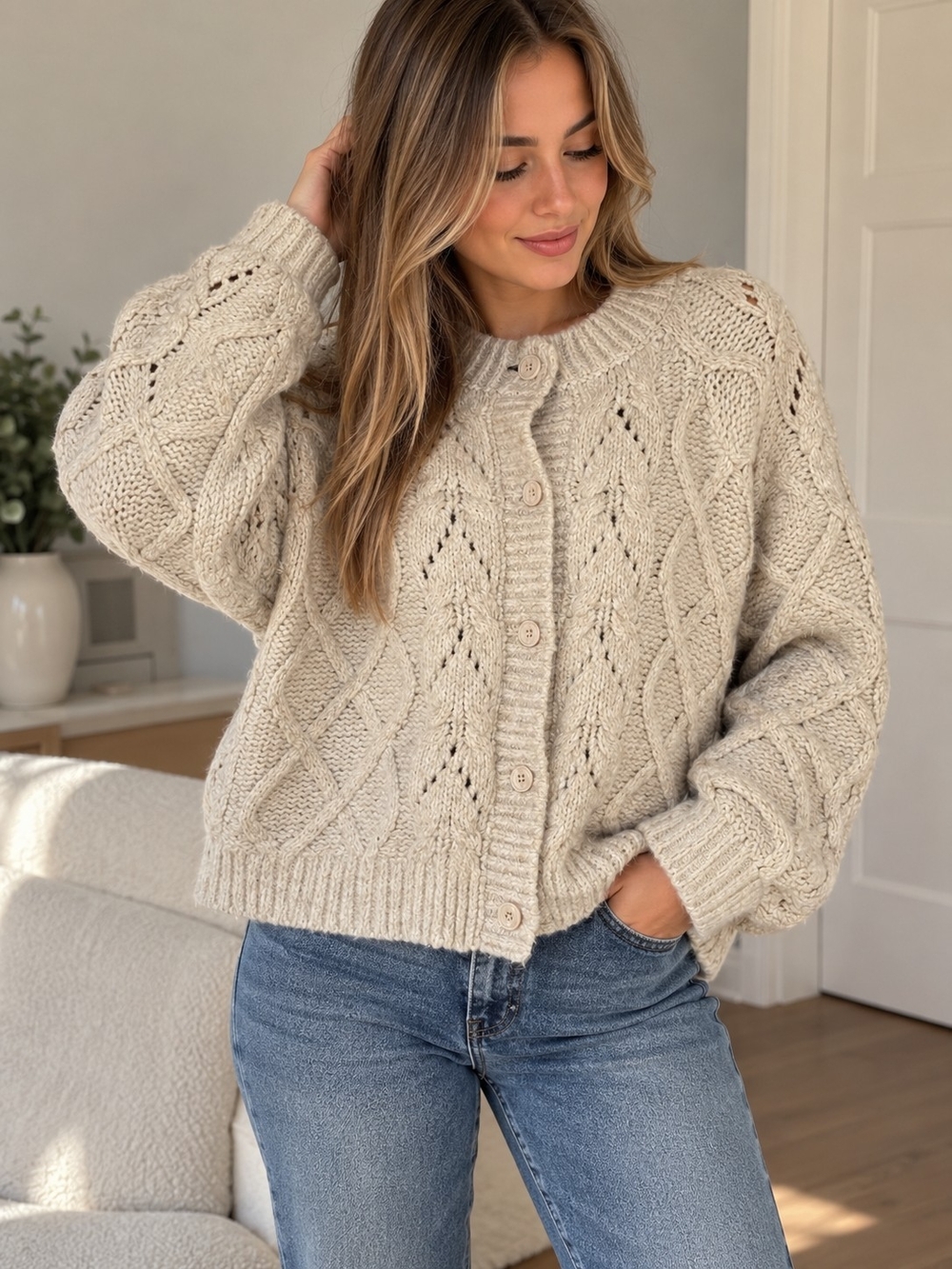 Lucky Brand Ivory Chunky Cable Knit Cardigan Sweater Size S